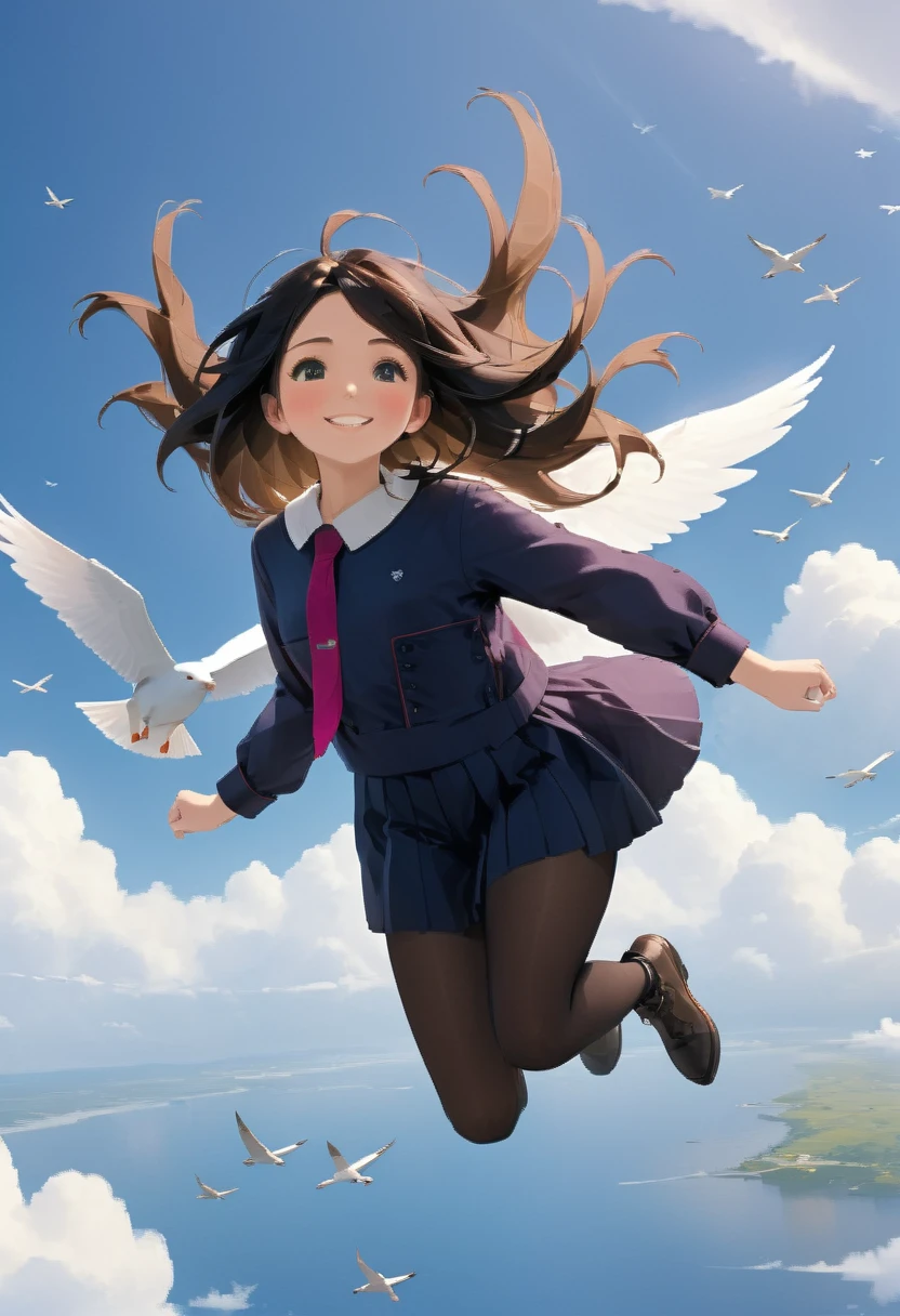 Photograph taken of a primary school girl, with large feathered wings, Long hair, big smile, neckline dress, light sneakers, flying through the air, blue sky, fluffy clouds, dew drops in the air