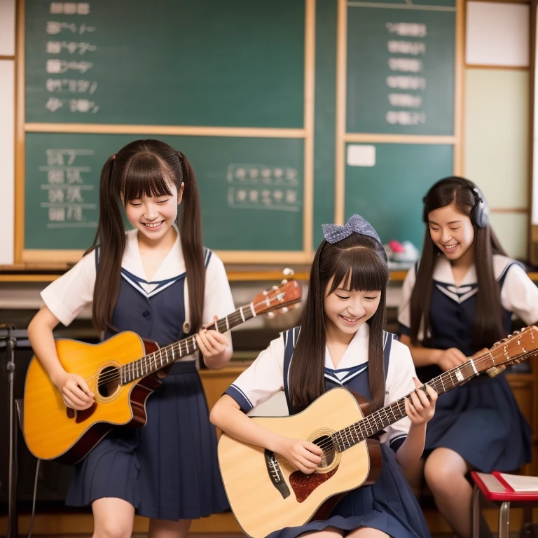 Japanese schoolgirls playing musical instruments、A happy look、Location: Music room、17 years old、Sailor suit、Break time