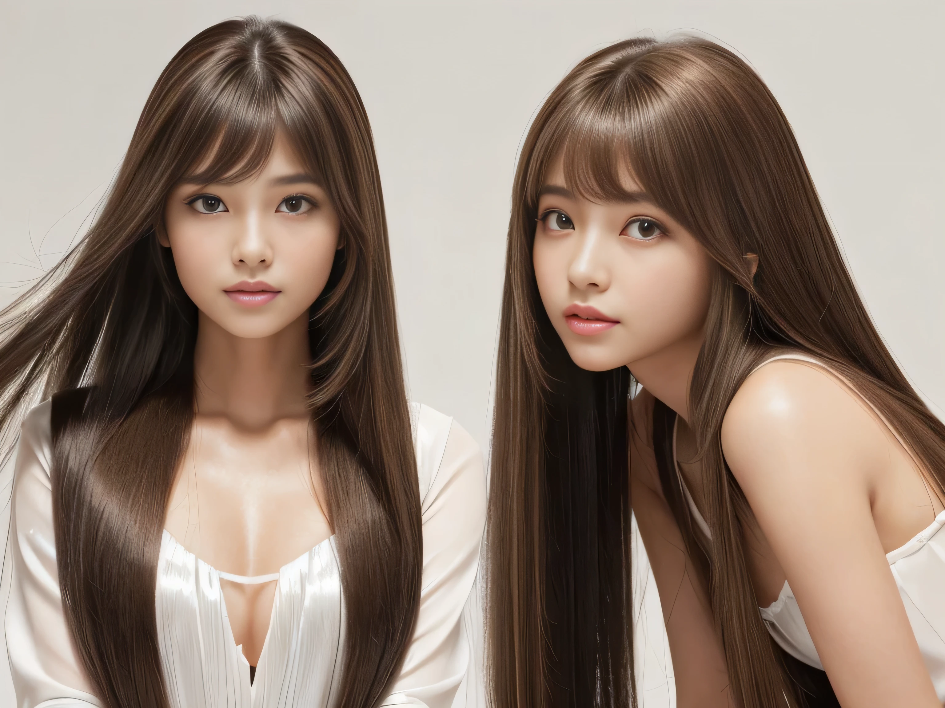 (Photos of twins who look as alike as fingernails) (Knee-length shot of a woman) ((Close-up of two people from the neck up)) ((Beautiful 24 year old hair model with long light brown hair Fell straight down Reaches up to the kneeVery long hair highest quality Highest detail Reaches up to the knee、Very long hair that lasts forever:1.3 Flowing Hair 私ncredibly straight hair Very shiny そして thick hair Abnormally long hair that lasts forever Flowing Hair on both ends long hair up to the knees:1.2 long hair up to the knees:1.2 Thick and shiny hair Very free hair Abnormally long hair!!!!! Beautiful silky hair Beautiful and shiny hair Beautiful and shiny hair Beautiful silky hair Hair that grows to the knees Very very, Very long hair!!!!! Very very, Very long hair!!!!!)) (highest quality The best ultra-fine Reaches up to the knee、Very long hair that lasts forever Flowing Hair Her hair is gently permed Very shiny そして thick hair Abnormally long hair that lasts forever Flowing Hair on both ends long hair up to the knees:1.2 long hair up to the knees:1.2 Thick and shiny hair Very free hair Abnormally long hair!!!!! Beautiful silky hair Super long hair down to the knees Beautiful and shiny hair Beautiful and shiny hair Beautiful silky hair Hair that grows to the knees Very very, Very long hair!!!!! Very very, Very long hair!!!!!)) (Her bangs are perfectly trimmed and straight down.:1.3) ((Her hair color is light brown:1.5)) (Pure white wall background:1.8 Pure White Sofa) (Japan'The sexiest and most beautiful 24 year old model) (She looks at the viewer with a very seductive expression......) ((highest quality)), ((masterpiece)), (Familiar) (Get used to it) Perfect Face (Her skin is a typical Japanese skin color.. And very detailed) (Big Breasts:1.3) (She is wearing a shiny white camisole.) (She has a beautiful face and a typical Japanese figure...., Narrow eyes) (She has perfect 美しい and sexy makeup and face Lipstick is light red A solid eyeliner) ((Rich 1.4)) (Extremely detailed 8K) (Ultra-fine skin texture 1.4) (Actual, Vibrant:1.4), double eyelid Sharp focus:1.2、Beautiful woman:1.4 Dynamic Lighting (Genuine RAW photos taken by professional photographers) Professional Hair Shine. (She has a bright and cheerful face) (Her face is slim and dignified.., length, Narrow eyes..々Nice face)