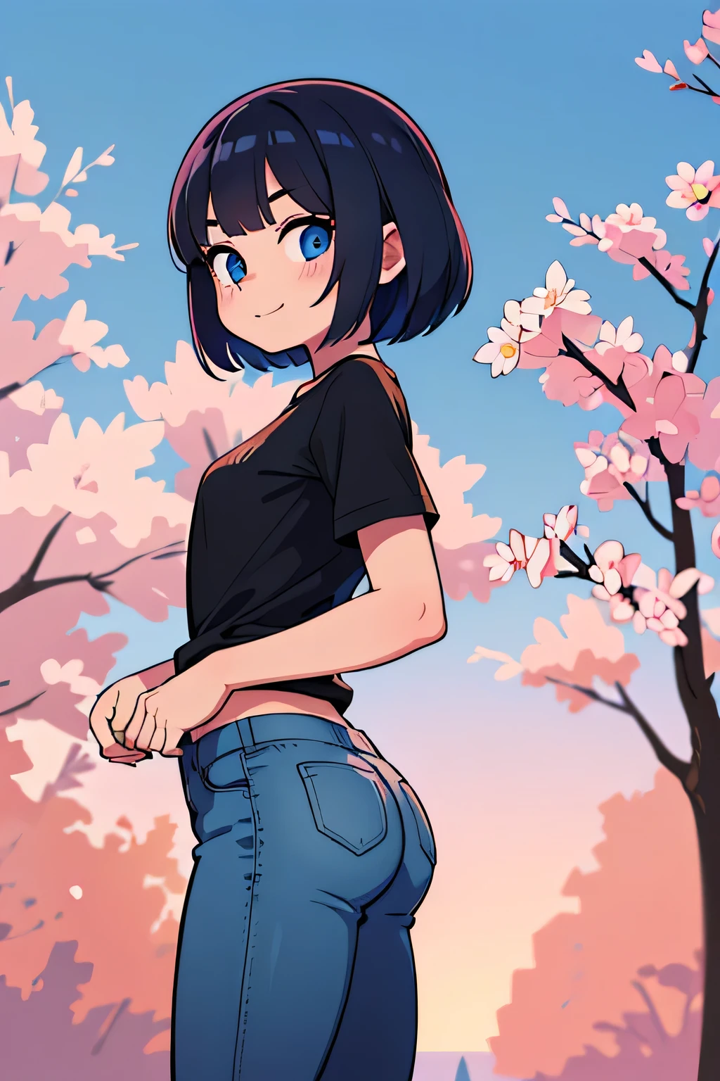 (Ultra bright color, Masterpiece, Best quality, blossom, Warm, soft light, modern, Hi-tech), 1 girl, One, standing tall, (background:1.4), black T-shirt without print, beautiful detailed face, slight smile, (blue) Medium hair, (detailed (blue) Ruby eyes), young, small breasts, big ass