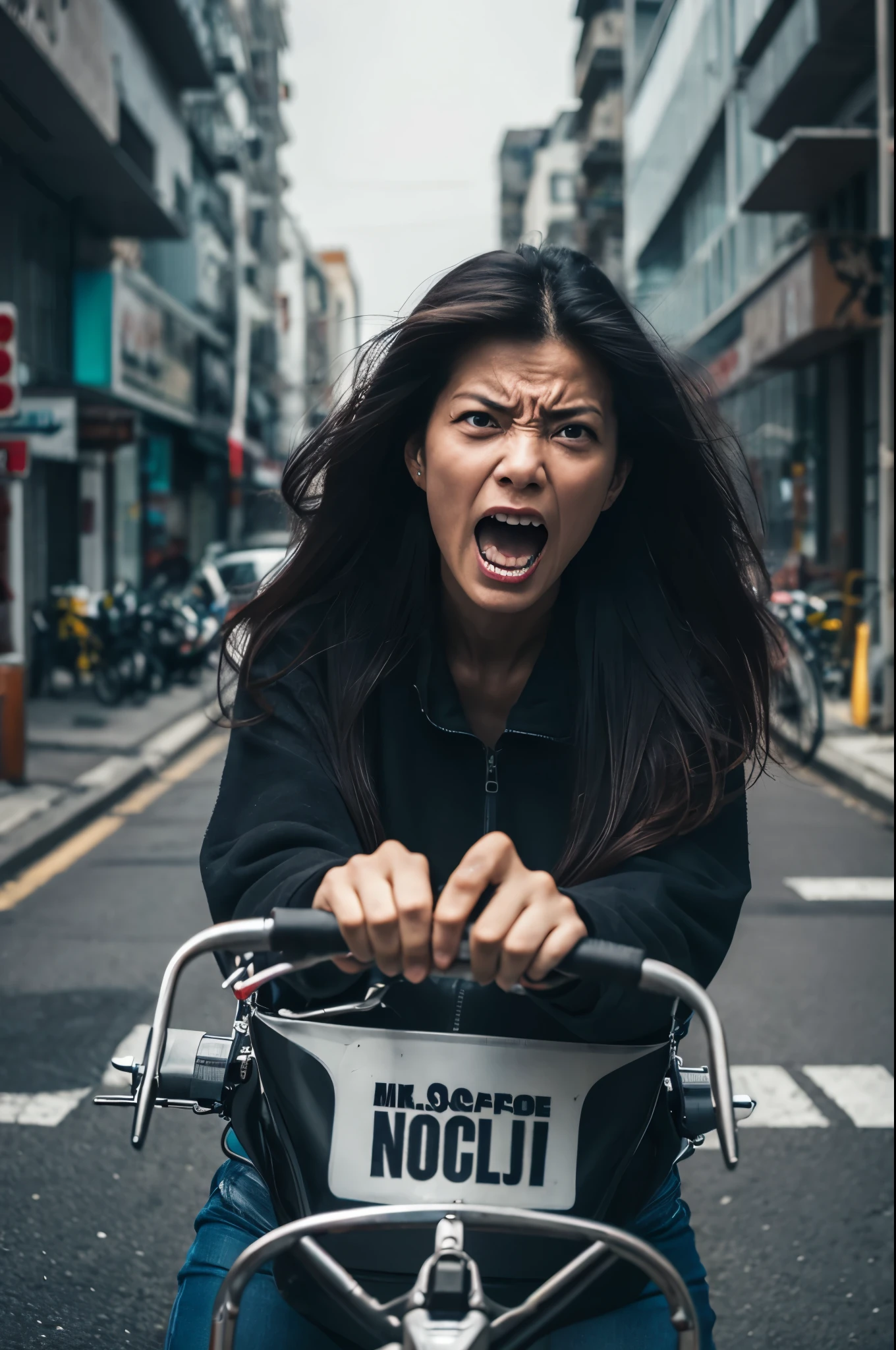 Mom on a bicycle with wide-open, angry and scary face