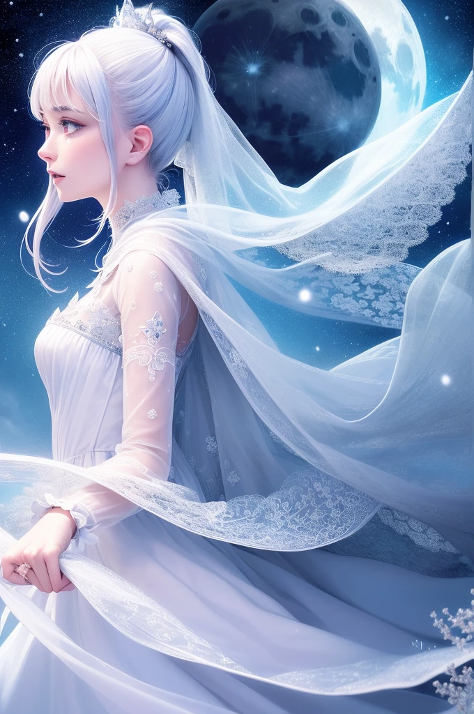 masterpiece, (best quality:1.2), (Super detailed:1.2), illustration, (extremely delicate and beautiful:1.2),Movie Angle,floating, (Beautiful and delicate eyes:1.1), (Detailed lighting:1.1),Movie Lighting, beautiful detailed sky, woman, white hair, blue eyes, (High Ponytail:1.1), Cloak, Glowing eyes, (moon:1.2), (moonlight:1.1), Starry Sky, (Lighting Particles:1.1), FOG, Snow Painting, sketch, Bloom