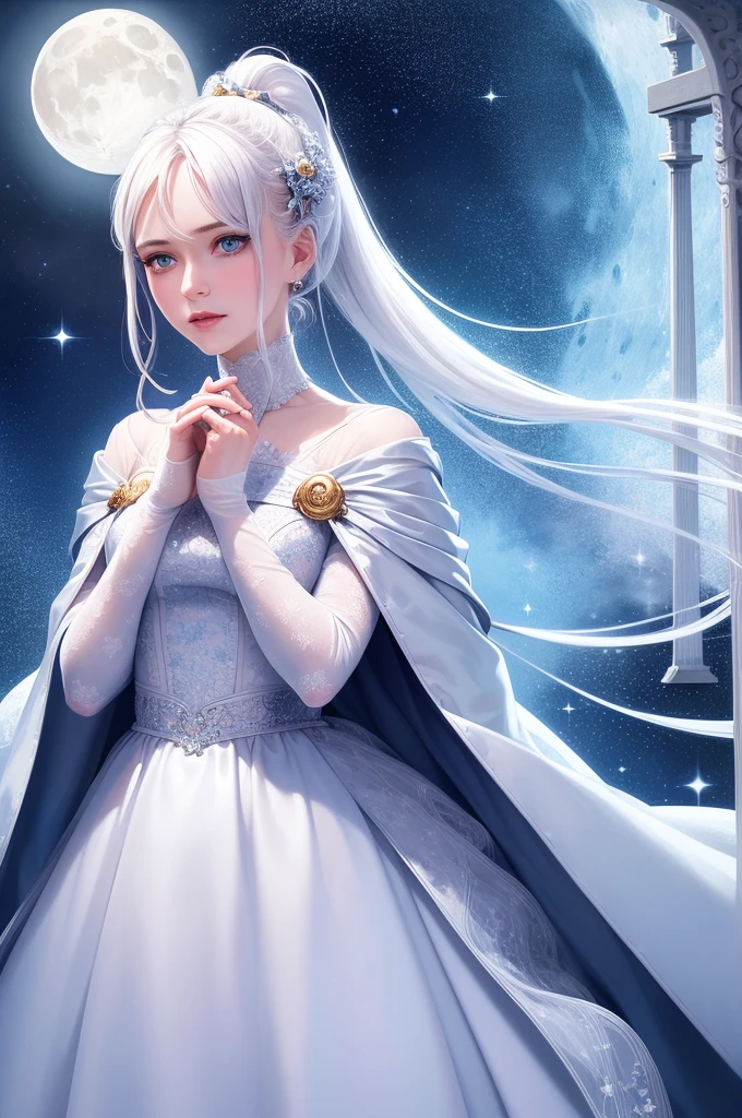 masterpiece, (best quality:1.2), (Super detailed:1.2), illustration, (extremely delicate and beautiful:1.2),Movie Angle,floating, (Beautiful and delicate eyes:1.1), (Detailed lighting:1.1),Movie Lighting, beautiful detailed sky, woman, white hair, blue eyes, (High Ponytail:1.1), Cloak, Glowing eyes, (moon:1.2), (moonlight:1.1), Starry Sky, (Lighting Particles:1.1), FOG, Snow Painting, sketch, Bloom