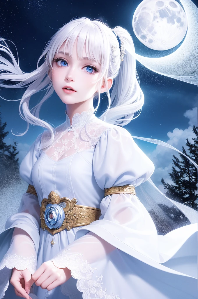 masterpiece, (best quality:1.2), (Super detailed:1.2), illustration, (extremely delicate and beautiful:1.2),Movie Angle,floating, (Beautiful and delicate eyes:1.1), (Detailed lighting:1.1),Movie Lighting, beautiful detailed sky, woman, white hair, blue eyes, (High Ponytail:1.1), Cloak, Glowing eyes, (moon:1.2), (moonlight:1.1), Starry Sky, (Lighting Particles:1.1), FOG, Snow Painting, sketch, Bloom