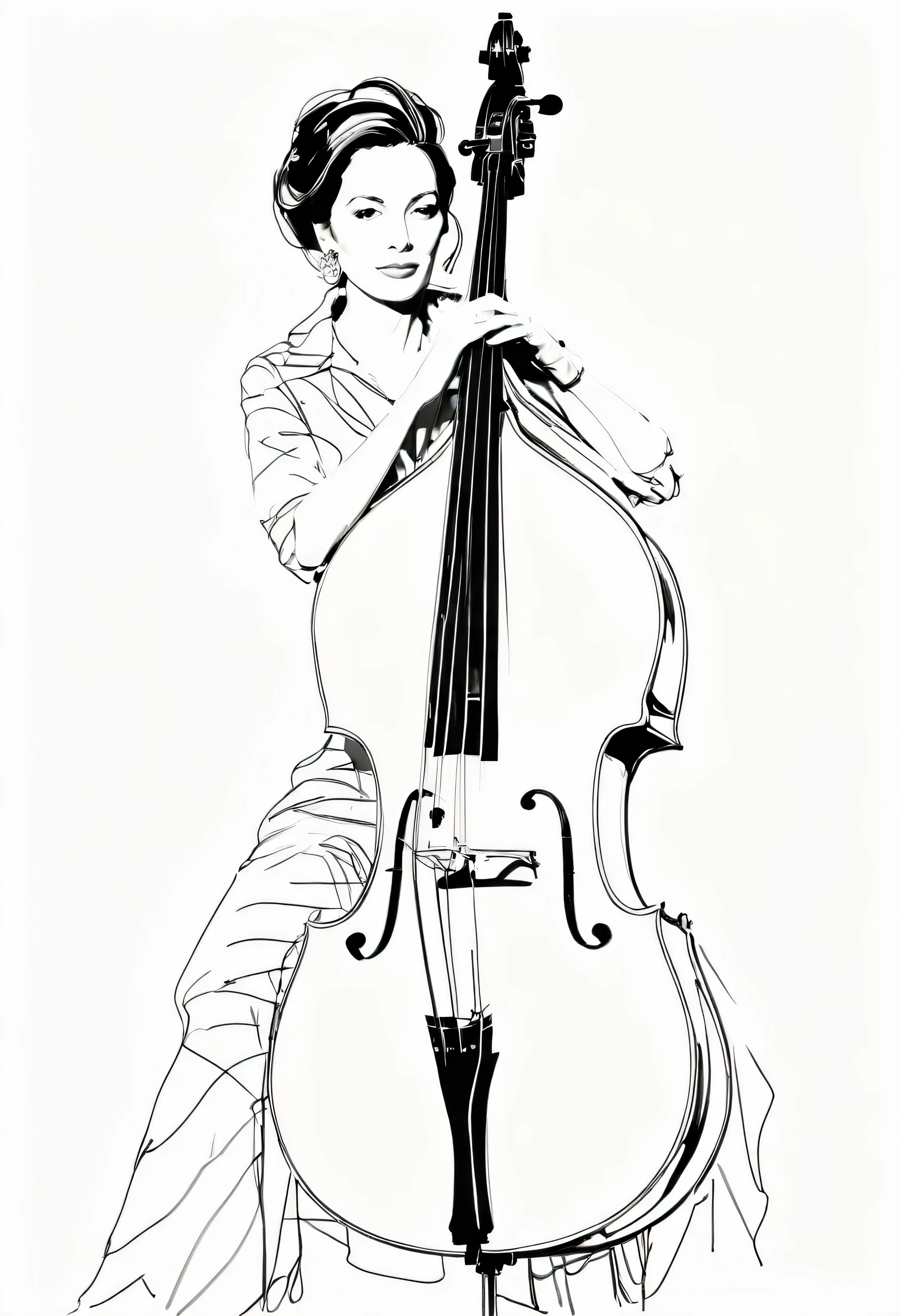 woman,Contrabass,jazz live,Musician,jazz,David downton , mustafa soydan drawing, line art sketch on a white background, 
