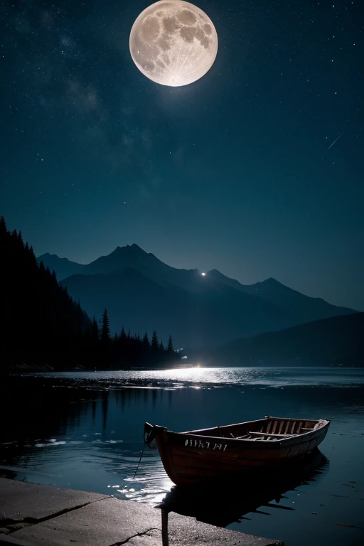 solitary boat，full moon，dead tree，Mountain，night，dreariness