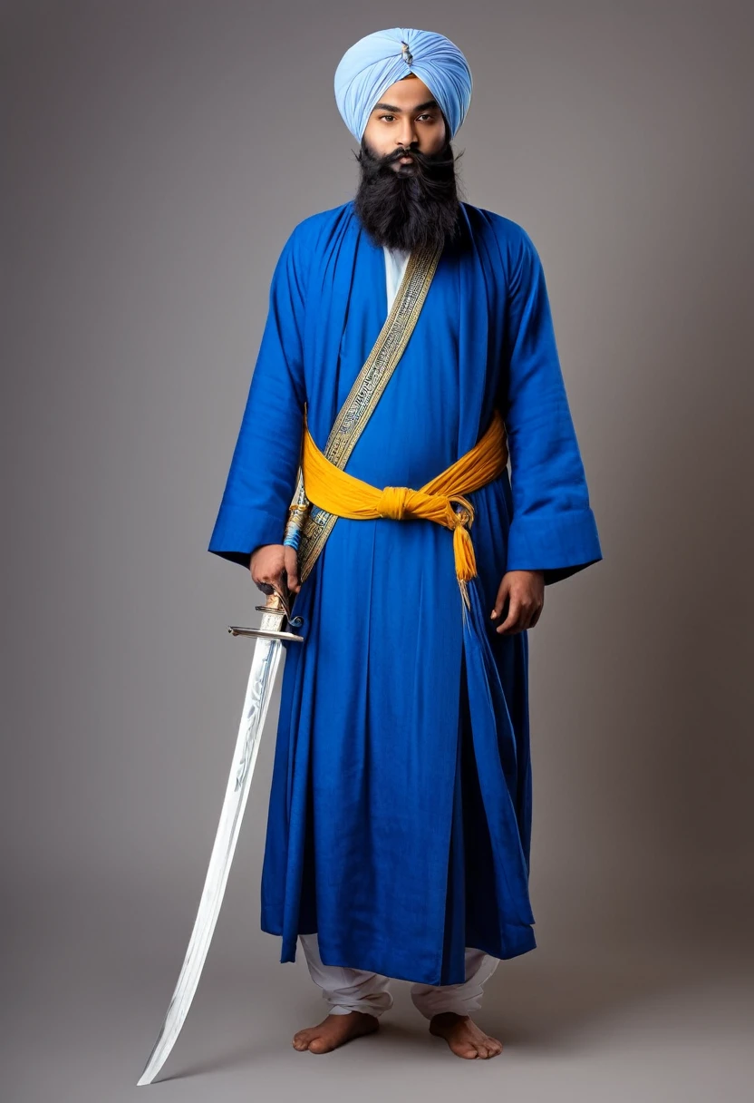 A young Sikh man with a long beard and a dumalla turban wearing a long blue robe with a traditional blue belt with a long sword. Best quality.