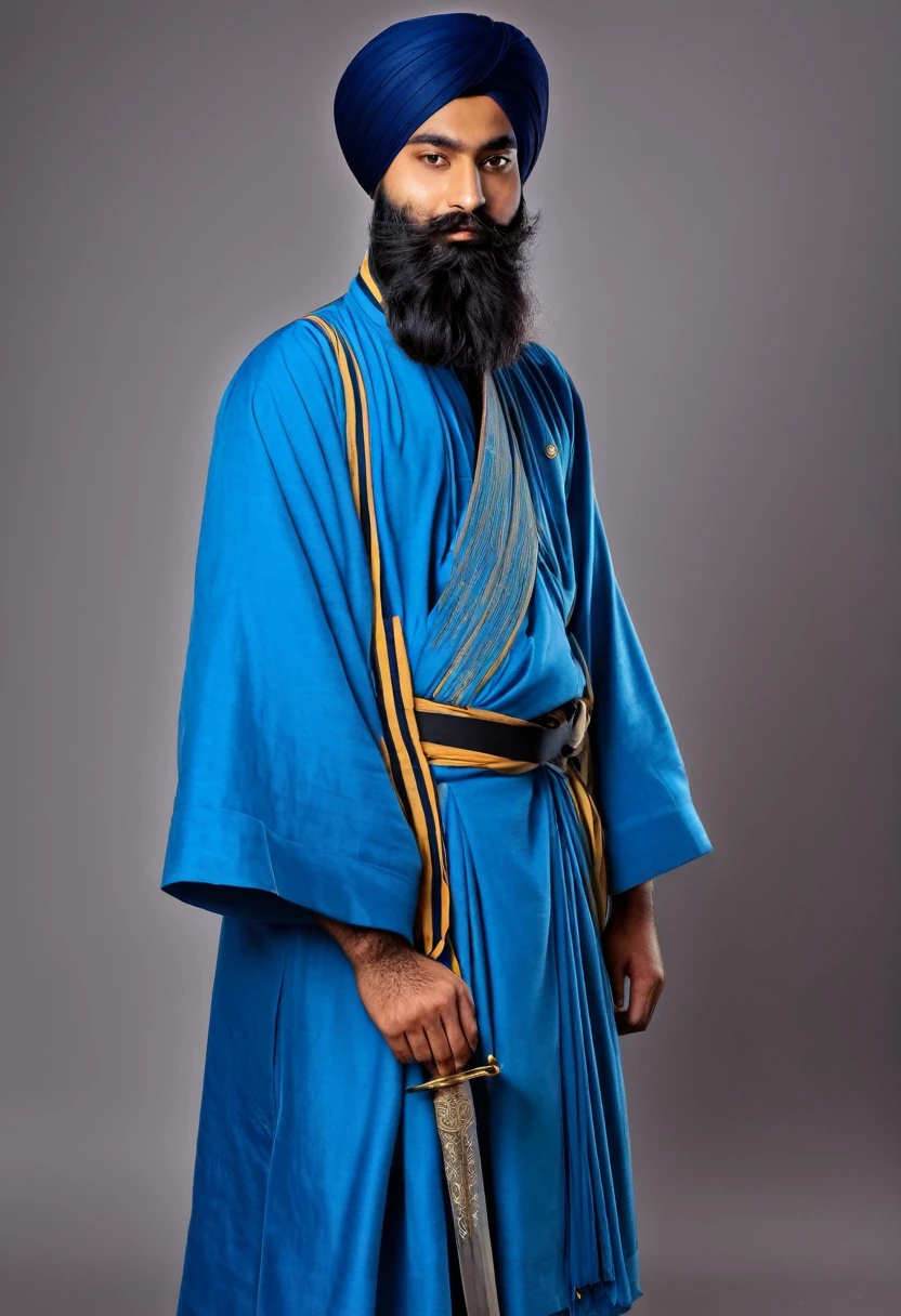 A young Sikh man with a long beard and a dumalla turban wearing a long blue robe with a traditional blue belt with a long sword. Best quality.