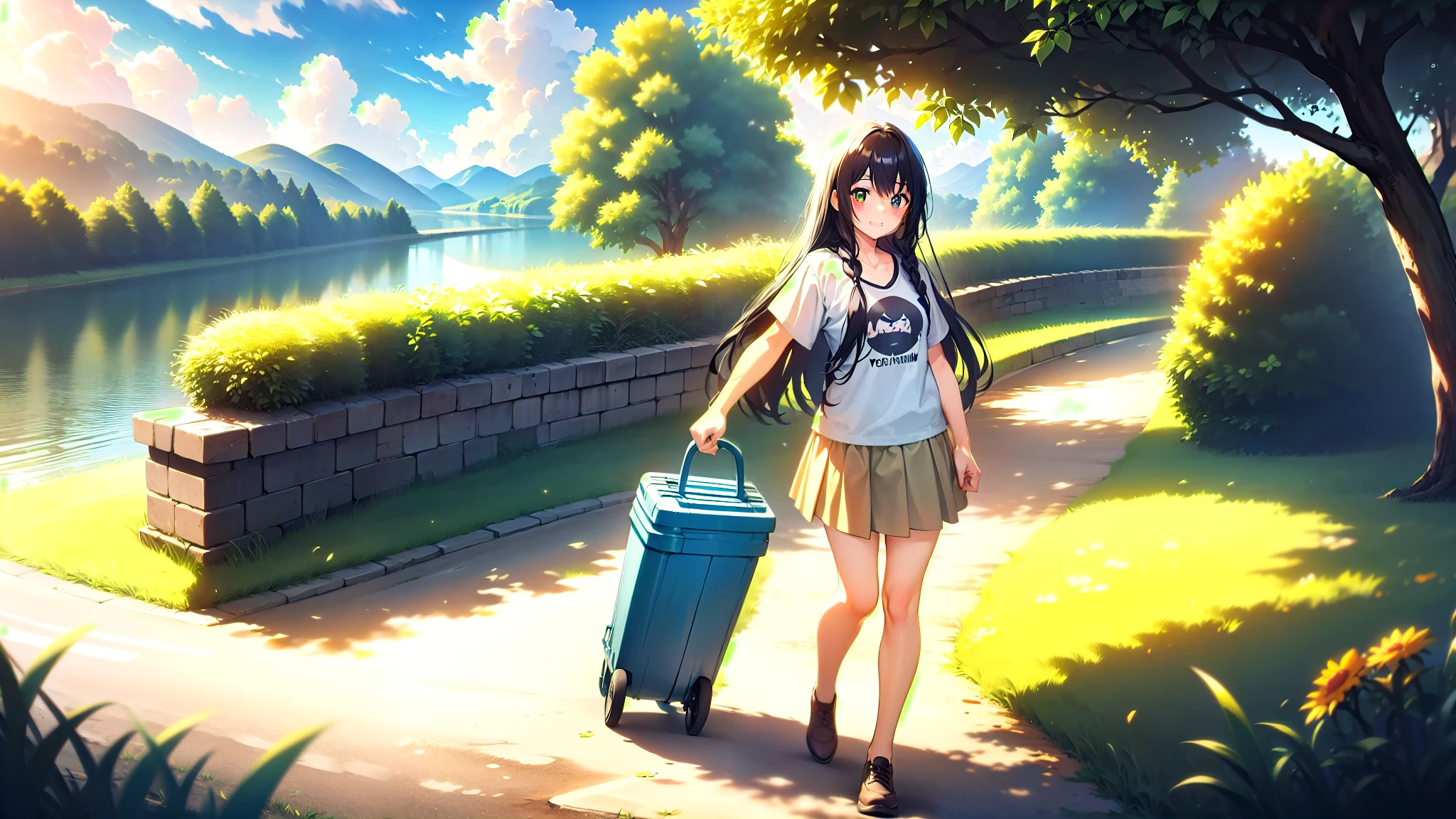 A woman taking out the trash、super quality、Woman with long black hair、Bright clothing、T-shirt、Straight Hair、Nice body、Short skirt、Ultra HD、amazing