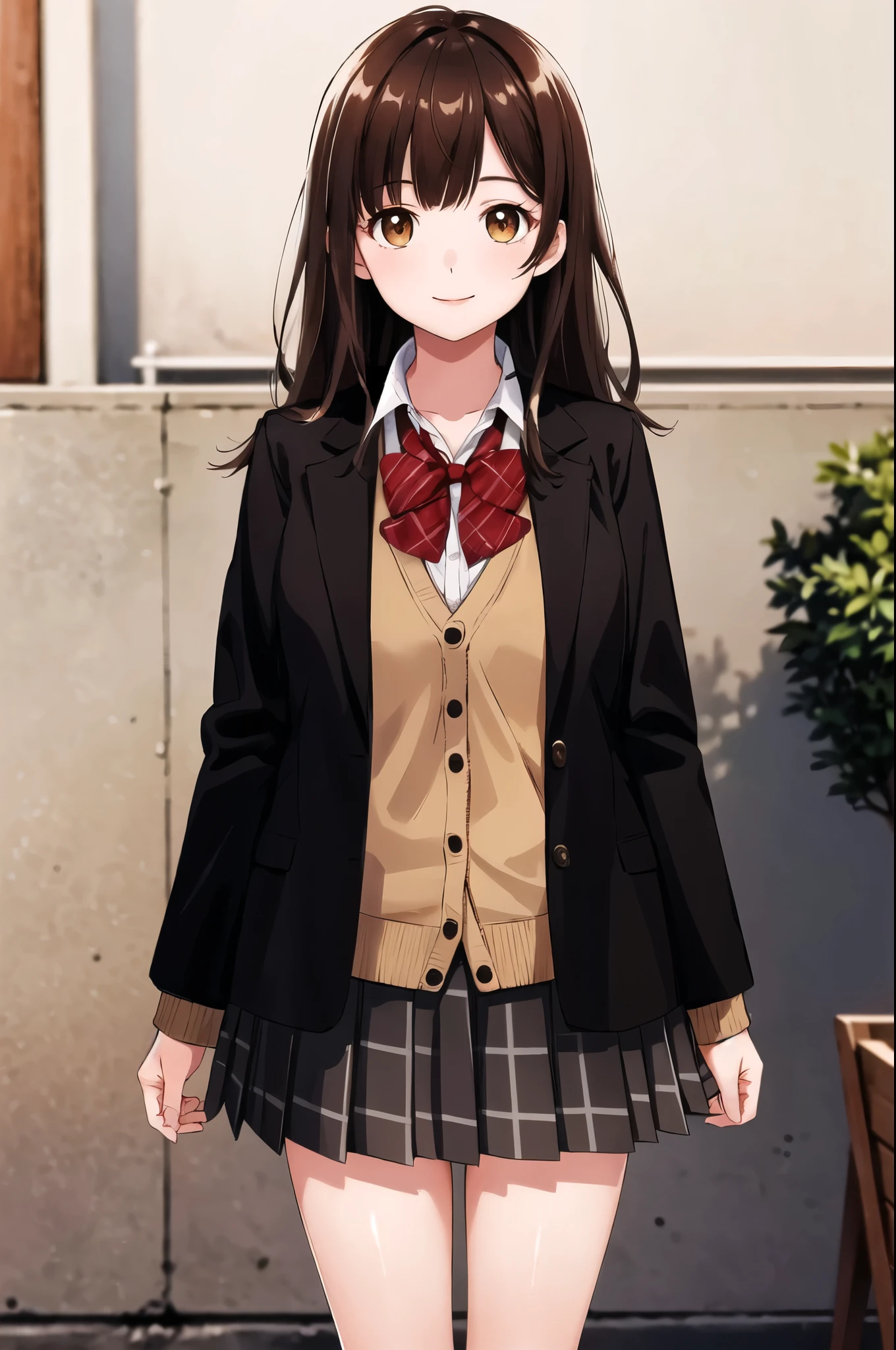 masterpiece, highest quality, High resolution, One girl, Brown Hair, Long Hair, bangs, Brown eyes, Medium chest, Red bow tie, , Black jacket, Open jacket, Brown cardigan, White shirt, Black Skirt, Checked skirt, Arms at your sides, Are standing, indoor, Cowboy Shot, smile, Outdoor