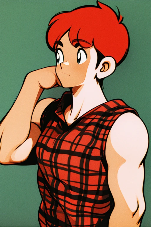 cute 12-years-old ginger irish ??? boy, freckles, red plaid shirt, athletic physique, strong body