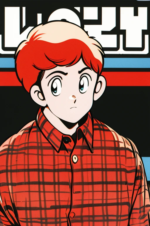 cute 12-years-old ginger irish kid boy, freckles, red plaid shirt, athletic physique, strong body