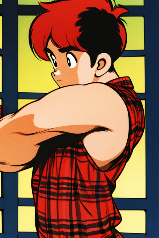 cute 12-years-old ginger irish ??? boy, freckles, red plaid shirt, athletic physique, strong body