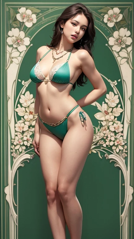a beautiful attractive young topless in  low-waisted, high-cut, tiny strap bib-shaped bikini set ,perfect face and body ,art nouveau background, intricate chain jewelry suspenders, beautiful belly , full body shot