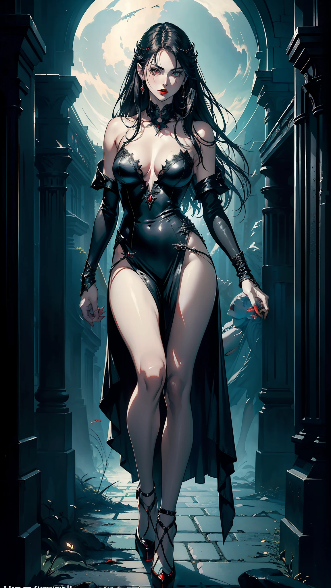 (((full body shot))), (((high heels))), (((stunning face))), (((red vampire lips))), (((sexy))), The stunning woman vampire Ventrue Justicar Lucinde. She is adorned in an (((mini dress))) split on both side, very detailed clothes to show her century years old nobility. Her white, porcelain skin contrasts with the dark surroundings. Holding a legendary foil in one hand. the overall atmosphere is mysterious and enchanting, capturing the essence of dark fantasy. (Luis Royo | Brian Bolland);(Greg Rutkowski | Dorian Klivenger | Luis Royo), hyperphotorealistic typographic, Full HD 8K, high quality digital graphics, ultra realistic, very high detail of everything, (((perfect body))), perfect proportion, (((perfect legs))), better hand, golden ratio.