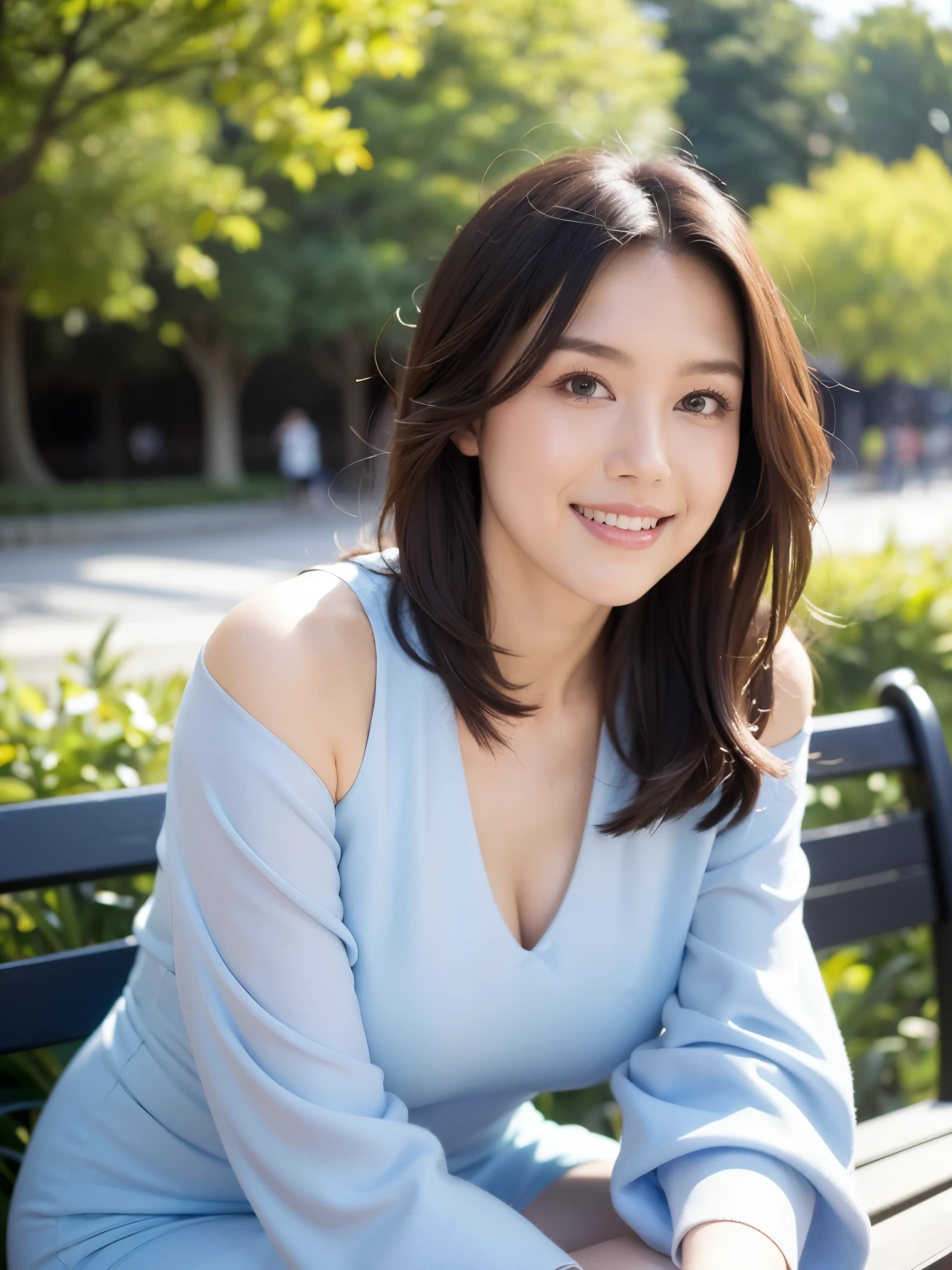 最high quality, In 8K, Masseter region, Vibrant, Sharp focus, high quality, High resolution, Detailed face, fine grain, Thick lips, (Looking at the audience), alone, Beautiful woman, 38 years old, (Short black hair:1.6),(Standard body shape)、(D cup breasts)、(Yellow short sleeve dress:1.6), afternoon、In front of the garden in the park,Sit cross-legged on a bench:1.5、(smile:1.6)