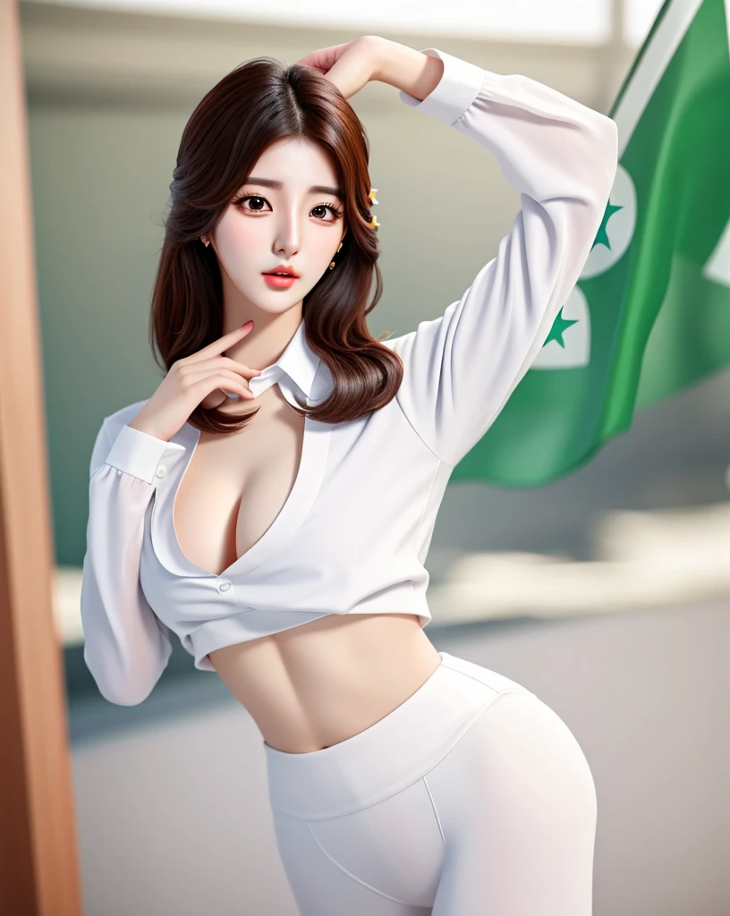 1 Girl, Solitary, (Beautiful Korean idol girl:1.8), (Beautiful Pakistani woman:1.8), (Delicate face), (Beautiful, detailed and realistic eyes), (Shut up:1.35), (realistic Large Breasts:1.5), Slim abdominal muscles, whole body, Caramel Hair, 超realism, Futurism, realism, 超realism, Movie Lighting, Fuji Color, First-person perspective, Wide Angle镜头, Wide Angle, Eye level shooting, 85 mm, Nikon, Canon, Fujifilm, Sony FE, Sony FE GM, UHD, Retina, masterpiece, (Anatomically correct:1.5), Super Detail, High Detail, high quality, The award-winning, best quality, high resolution, 1080p, HD, 4K, 8k, (超realism), Heterochromic Eyes, There is a small mole under the eye, Loose white shirt, Yoga Pants, Large Breasts, Long legs, tight abdominal muscles, Camel toe, Dynamic poses