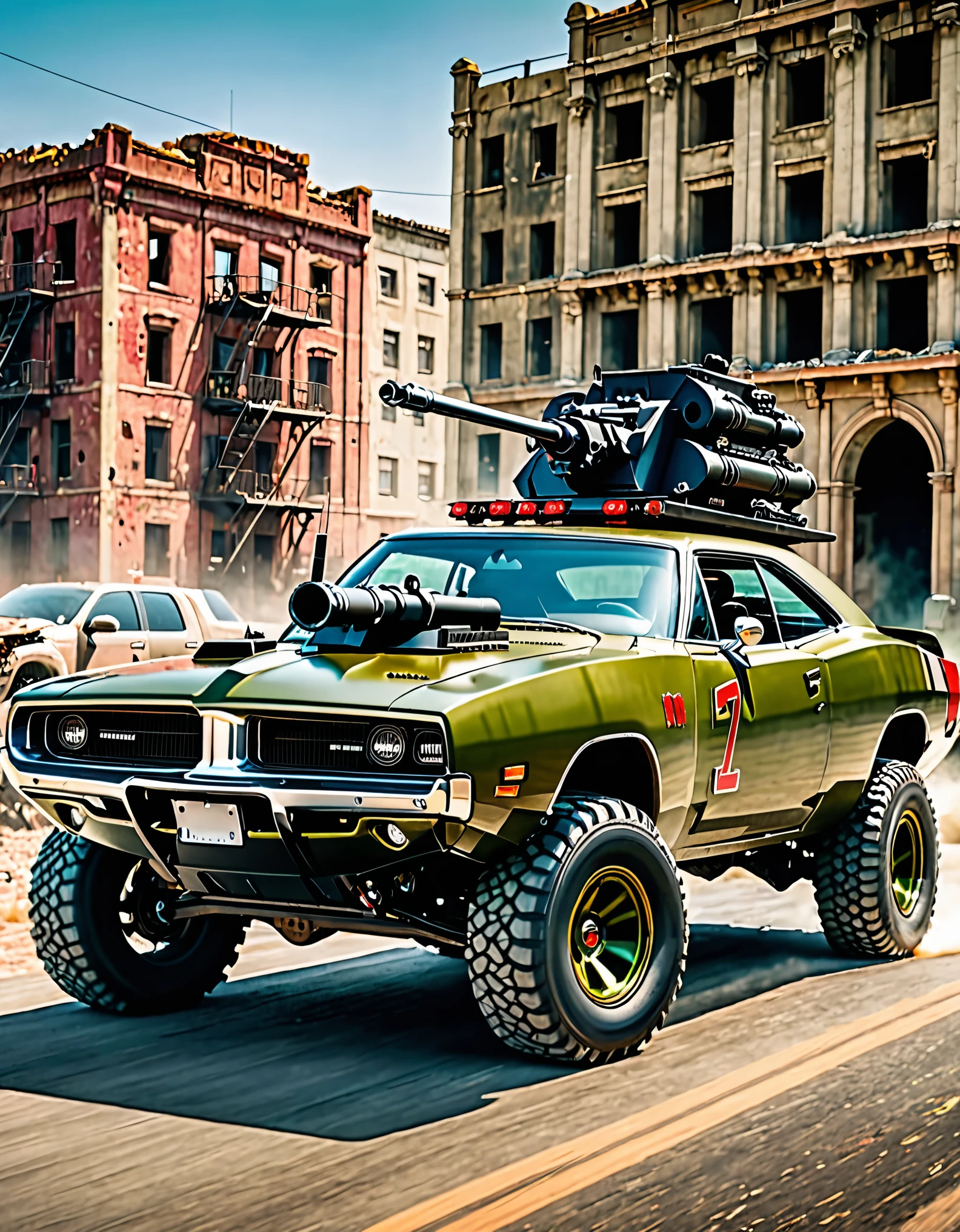 masterpiece, best quality, highres, a close up of a car with a roof-mounted gatling gun turret on top of it, 1car, olive green car, 2023 Dodge Charger, armor plating, florescent red headlights, day, city ruins, ground vehicle, motor vehicle, no humans, outdoors, road, tank focus, off-road suspension tires, matching tires, vehicle focus