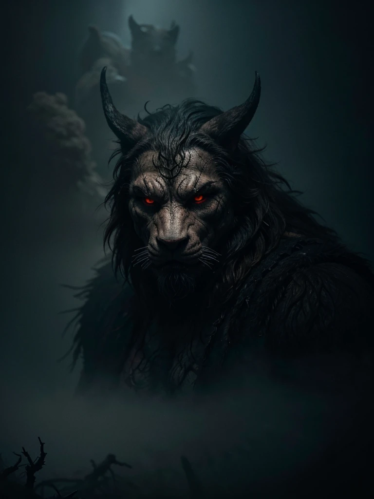 A highly detailed and hyper-realistic depiction of a ghoulish man beast with an intricately scarred face. The character is surrounded by mist, evoking a mysterious and eerie atmosphere. The lighting is dark and atmospheric, with a red smoke adding a touch of sinister ambiance. The image is of the best quality, with a resolution of 4k and HDR enhancement, showcasing the utmost level of detail and realism