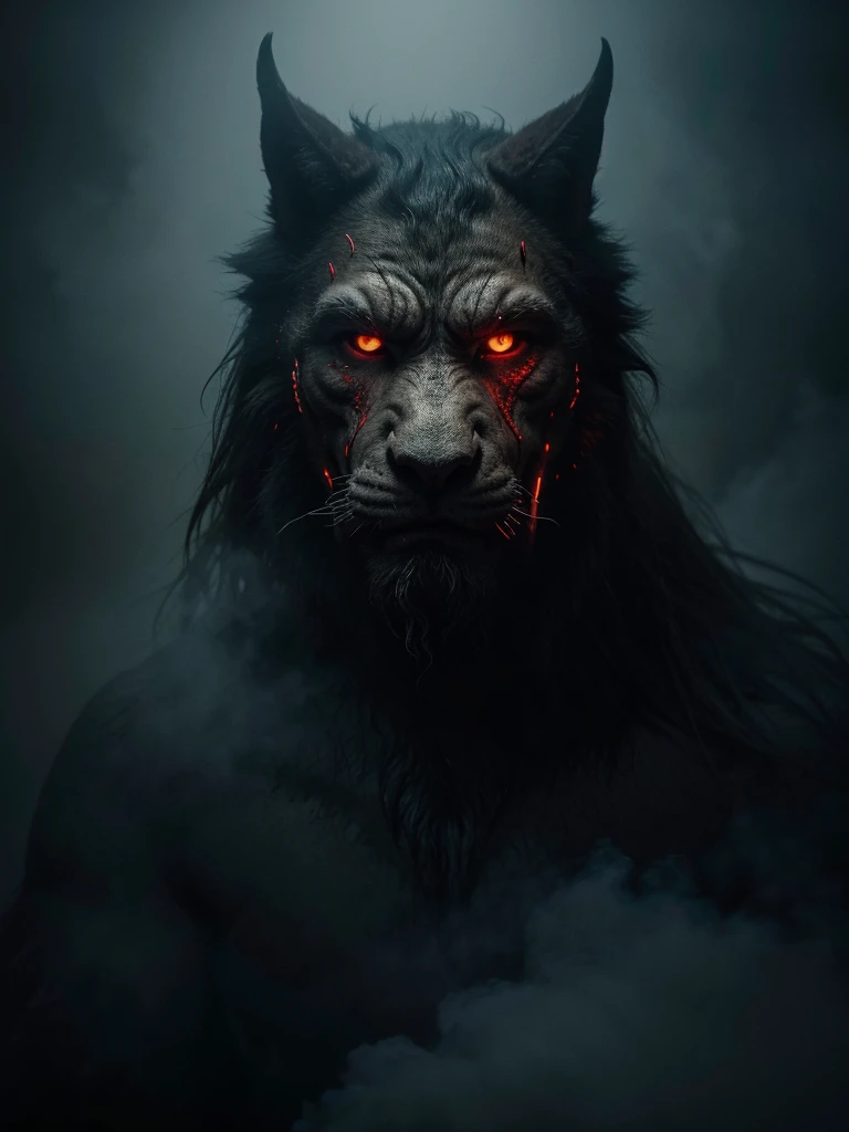 A highly detailed and hyper-realistic depiction of a ghoulish man beast with an intricately scarred face. The character is surrounded by mist, evoking a mysterious and eerie atmosphere. The lighting is dark and atmospheric, with a red smoke adding a touch of sinister ambiance. The image is of the best quality, with a resolution of 4k and HDR enhancement, showcasing the utmost level of detail and realism