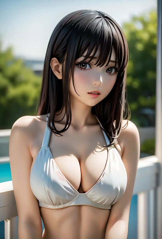 araffe woman in a white bra and panties posing on a balcony, ayami kojima amano, deayami kojima, Yoshitomo Nara, young skinny gravure idol, young sensual gravure idol, ai yazawa, young pretty gravure idol, sophisticated gravure idol, japanese model, realistic young gravure idol