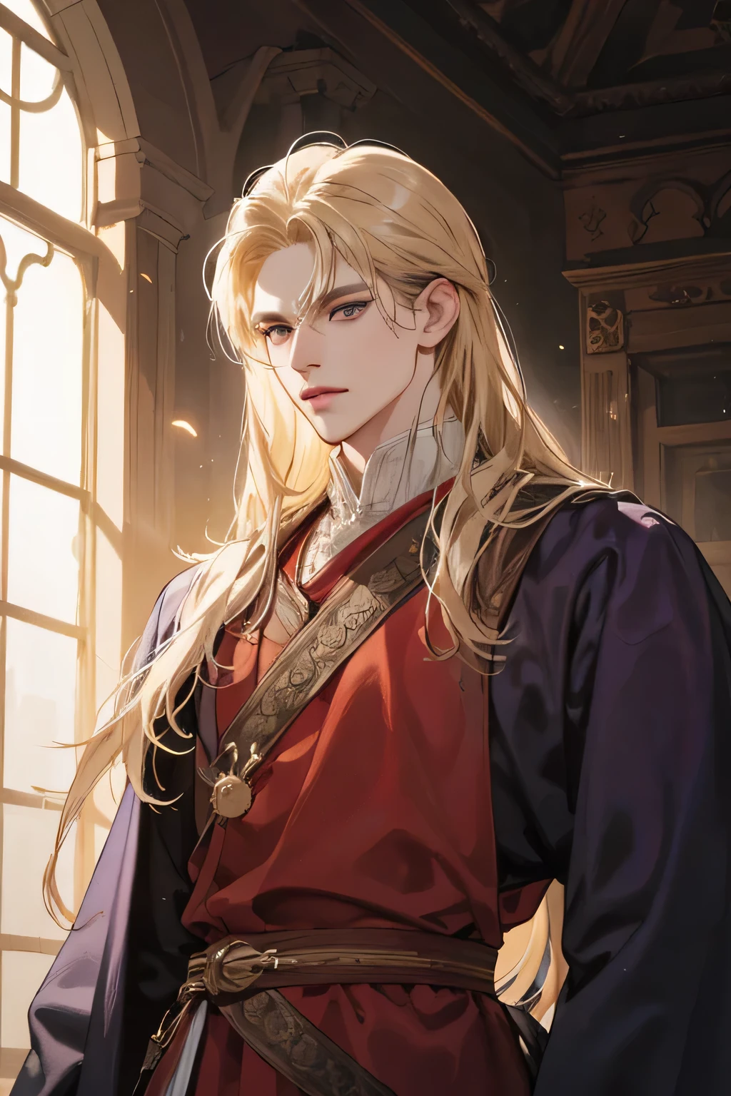 (Best quality),adult,1 man, male, mature, very tall, hot, cool, elegant and strong, long hair blonde, grey eyes, long hair blonde, medieval yunani style clothing, richly textured background, soft lighting, portrait style, painting style, deep colors, royal clothes yunani style, perfect eyes, look at camera, purple clothes, with crown king yunani romawi