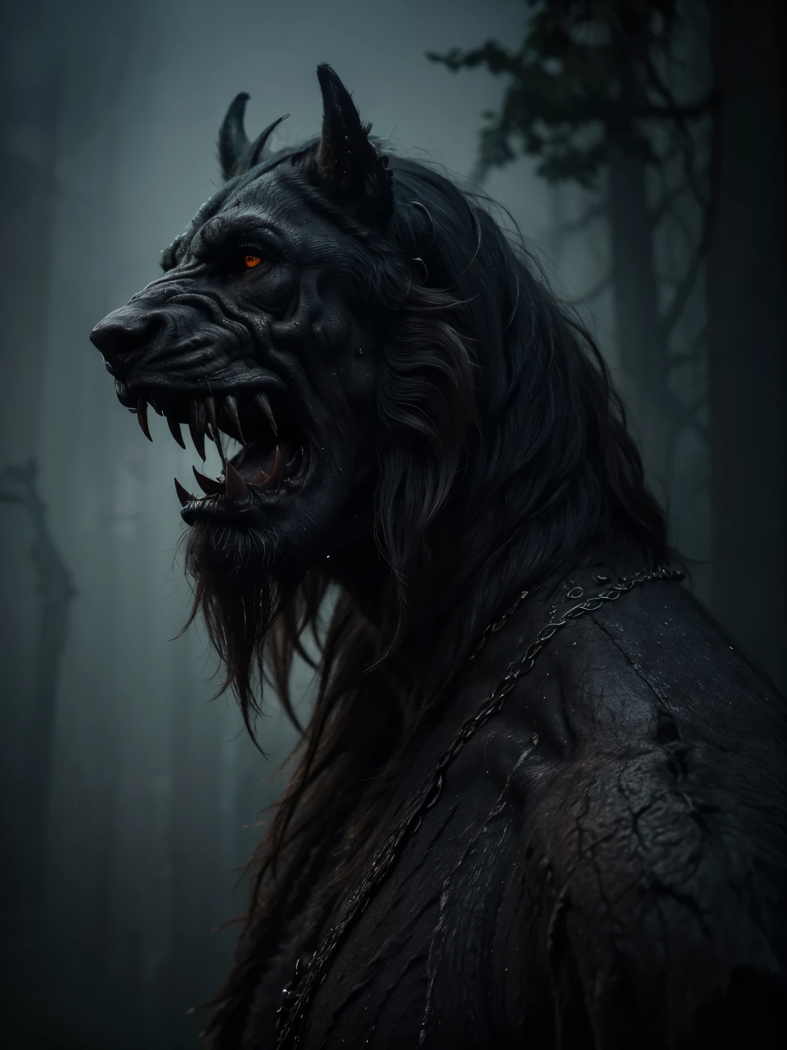 A highly detailed and hyper-realistic depiction of a ghoulish man beast with an intricately scarred face. The character is surrounded by mist, evoking a mysterious and eerie atmosphere. The lighting is dark and atmospheric, with a red smoke adding a touch of sinister ambiance. The image is of the best quality, with a resolution of 4k and HDR enhancement, showcasing the utmost level of detail and realism. drahthaar 