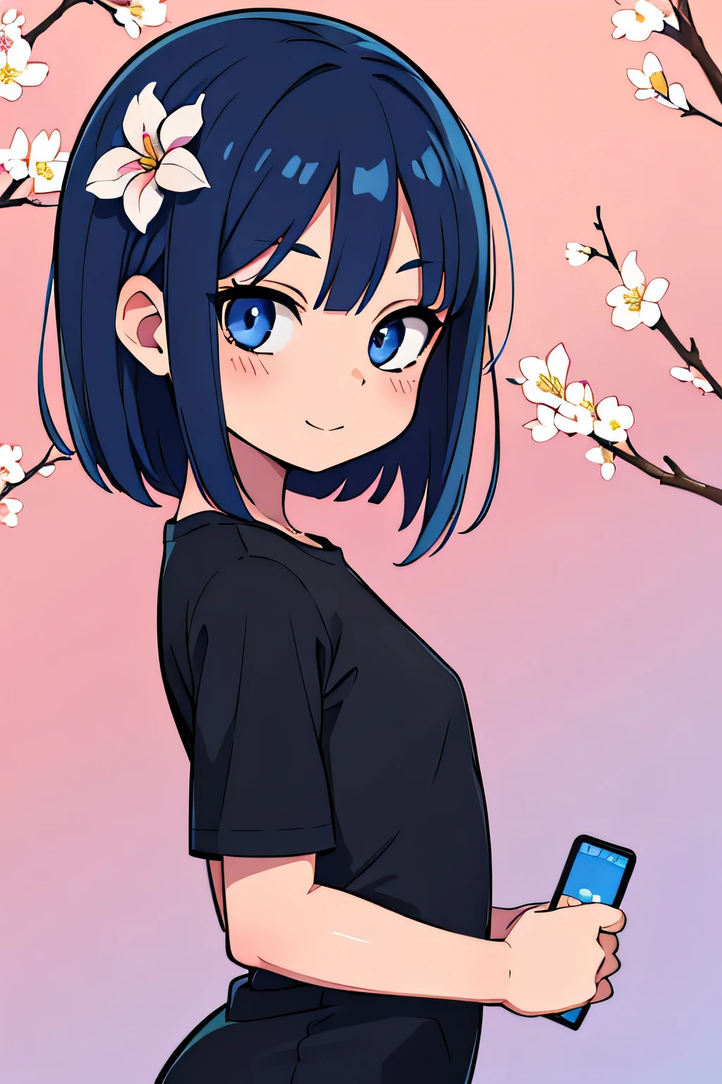 (Ultra bright color, Masterpiece, Best quality, blossom, Warm, soft light, modern, Hi-tech), 1 girl, One, standing tall, (background:1.4), black T-shirt without print, beautiful detailed face, slight smile, (blue) Medium hair, (detailed (blue) Ruby eyes), young, small breasts