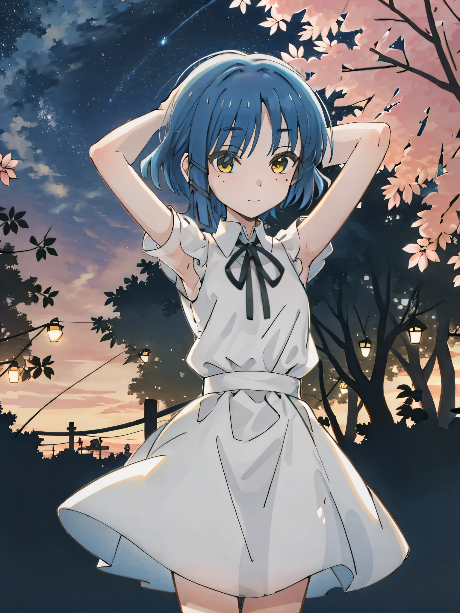 tall body, tall, long legs, mature female, mature, adult, Eft_Bocchi_Ryu, 1girl, solo, mole, blue hair, mole under eye, short hair, shirt, white shirt, looking at viewer, black ribbon, bangs, yellow eyes, collared shirt, ribbon, closed mouth, neck ribbon, portrait, expressionless, parody, eyes visible through hair, hair ornament, , hairclip, solo, cowboy shot, night sky, forest, {arms behind head}, contrapposto, spread armpits, sleeveless, anime coloring, smile 