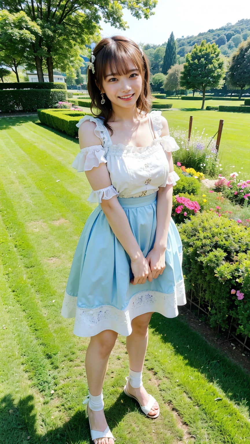 (8k、RAW Photos、highest quality、masterpiece:1.2)、(Realistic、Realistic)、1 girl、((smile、garden、Coordination of white and light blue、one piece、Heeled Sandalini skirt、Are standing、Large Breasts))、Lots of eyelashes、Glowing eyelids、skeletally correct