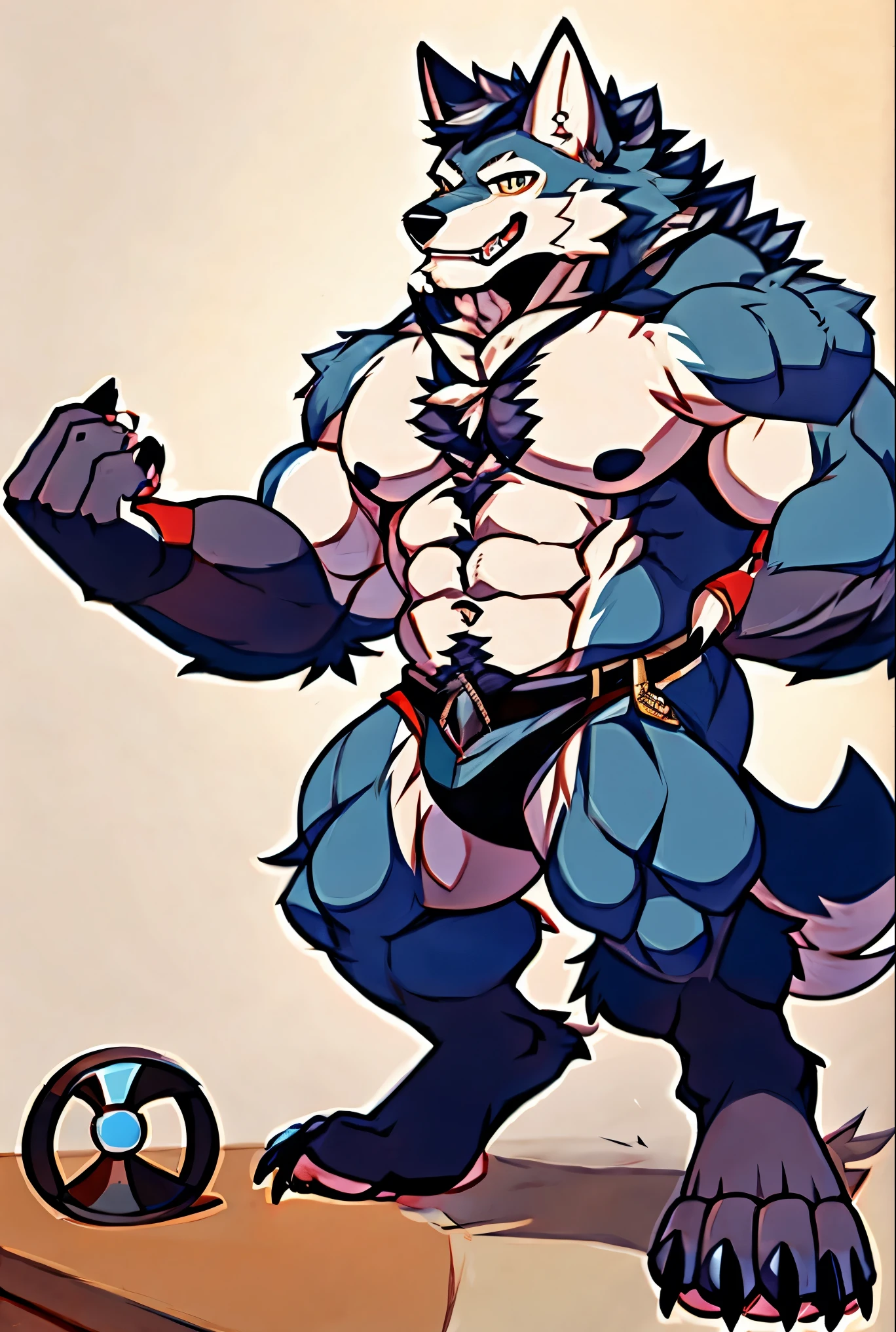 Human-wolf，musculous，Hairy all over，clawed paws，erect through