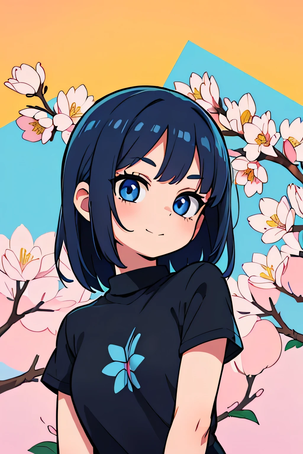 (Ultra bright color, Masterpiece, Best quality, blossom, Warm, soft light, modern, Hi-tech), 1 girl, One, standing tall, (background:1.4), black T-shirt without print, beautiful detailed face, slight smile, (blue) Medium hair, (detailed (blue) Ruby eyes), young, small breasts