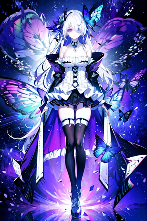 silber hair,butterflys,long whitr hair,8k wallpaper,detailedbackground,Highest high resolution,deep v big breasts,Hair covers one eye,Bandeau,Church background,Purple roses,tight-fitting,themoon,silver high heels