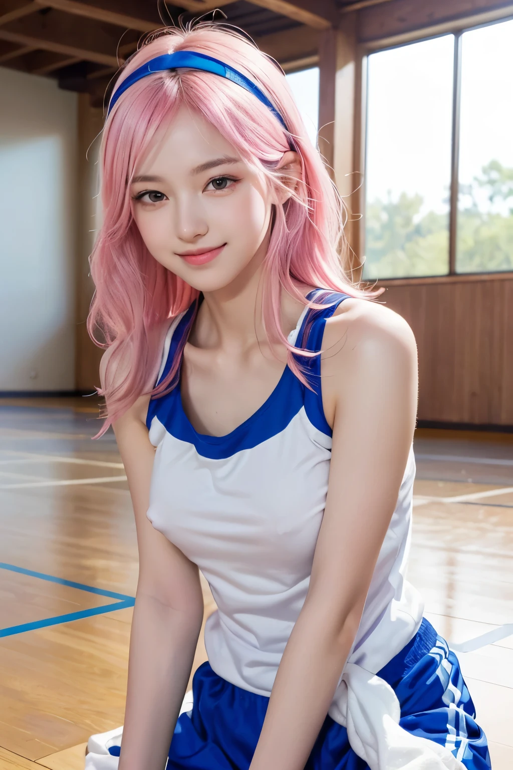  (8K, top-quality, masterpiece:1.2), (reallistic, Photorealistic:1.37), Super Detail, One girl,), (Highly detailed), (beautifully detailed eyes), (of the highest quality), (super detailed ), (masterpiece), (Detailed face),20yr old, ,1 girl, ((pink hair,long hair)), medium breasts, clothed, Perfect Lighting, BREAK, (shiny royal blue, school gym buruma:1.5), white trim, (school gym clothes:1.2), (ankle-length white sports socks:1.2), (royal blue sneakers with white soles:1.2), (simple pink hairband:1.1), BRAKE, (upper body to thighs:1.3), pink hair, (long, wavy:1.2), (friendly, flirty smile:1.2), (mysterious gaze:1.1), (face turned slightly left:1.1), (relaxed, confident pose:1.3), (hands on hips:1.1), (legs shoulder-width apart:1.1), (school gym:1.3), (wooden floor, sports equipment:1.2), (soft, natural lighting:1.4), (radiant, healthy glow:1.5), BRAKE (????? nipples:1.2)
