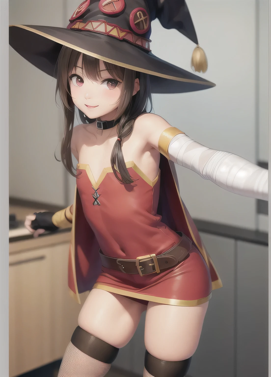 Megumin, kono subarashii sekai ni shukufuku wo!, One girl, alone, Are standing, View your viewers, Have, witch Have, Brown Hair, Long hair short hair, Red eyes, blush, Wicked Smile, Black Choker, clavicle, Flat Chest, off-shoulder dress, dress, red dress, Brown cape, Long sleeve, Black gloves, Fingerless gloves, belt, brown belt, Gold border, zettai ryouiki, Skin dents, (Asymmetrical legwear:1.4), Mismatched legwear, (Bandaged leg:1.3), Black knee socks, Professional Lighting, Photon Mapping, Physically Based Rendering,, (8k),highest quality, masterpiece, Ultra-high resolution, (Realistic:1.4), RAW Photos, (Real skin texture:1.3), (Film Grain:1.3), (Selfie angle),Beautiful and detailed eyes and face,masterpiece, highest quality,close,