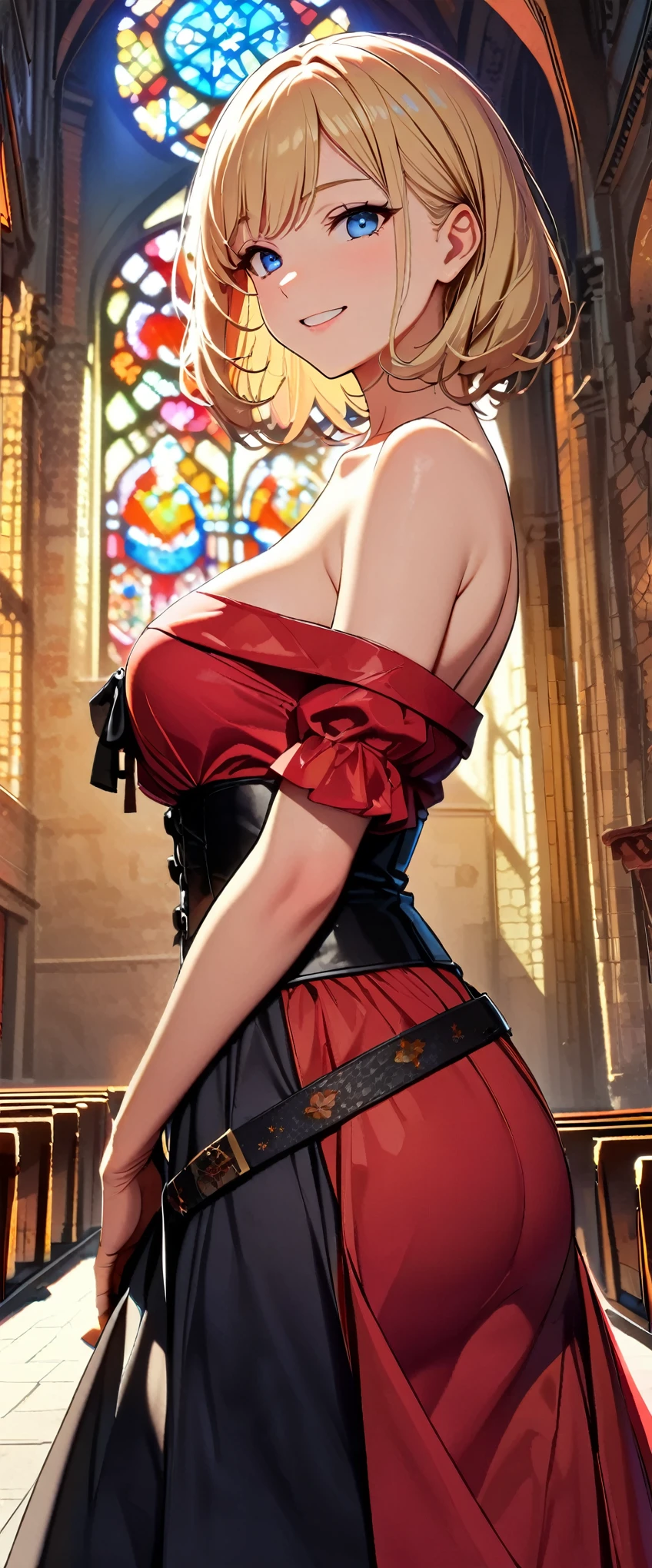 (highest quality:1.2, Very detailed, Latest, Vibrant, Ultra-high resolution, High Contrast, masterpiece:1.2, highest quality, Best aesthetics), (Small face), (Very detailedな肌:1.2), One Woman, (Blue Hair, short hair, Ahoge, Blue eyes), (Slim figure:1.4, Woman with slim body and large breasts), Beautiful Eyes, Glossy Lips, Glowing Skin, Beautiful thighs, ((smile)), ((Random Pause:1.4)), (Off the shoulder, Elegant red dress, Corset belt, Jewelry goods, Beautiful buttons, Long skirt with high waist, Dress design that emphasizes the bust), (Sexy Body), Perfect Fingers, Five Fingers, (church, Stained glass, Beautiful light), Background Blur,