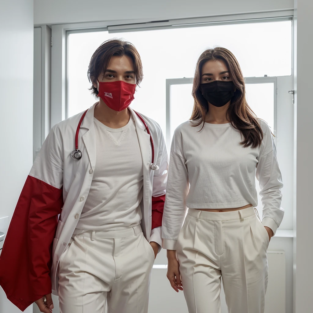 A male doctor in a white suit and a female patient in a red shirt with a black mask and white pants