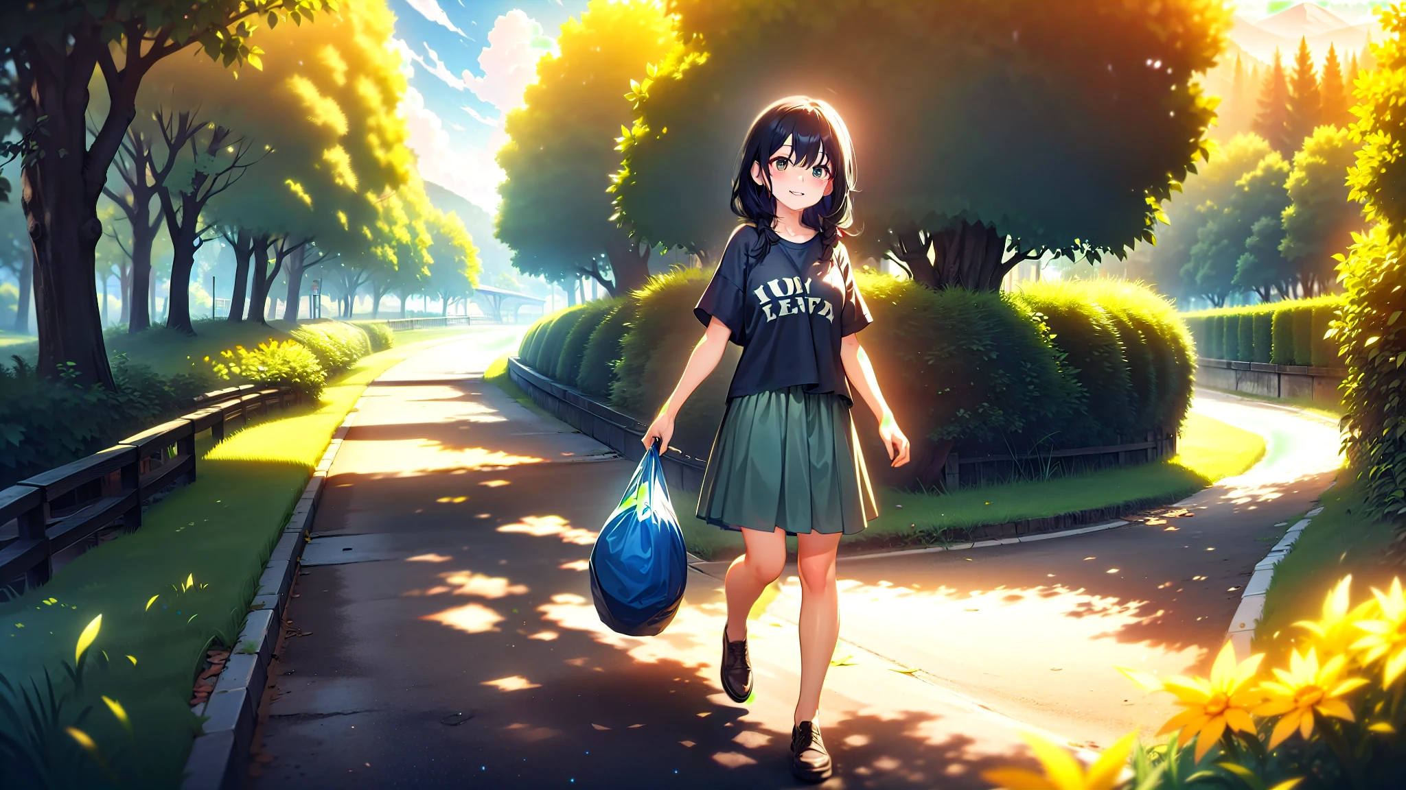 A woman taking out the trash、20th Generation、In front of the apartment、super quality、Woman with long black hair、Bright clothing、T-shirt、Straight Hair、Nice body、Short skirt、Ultra HD、amazing