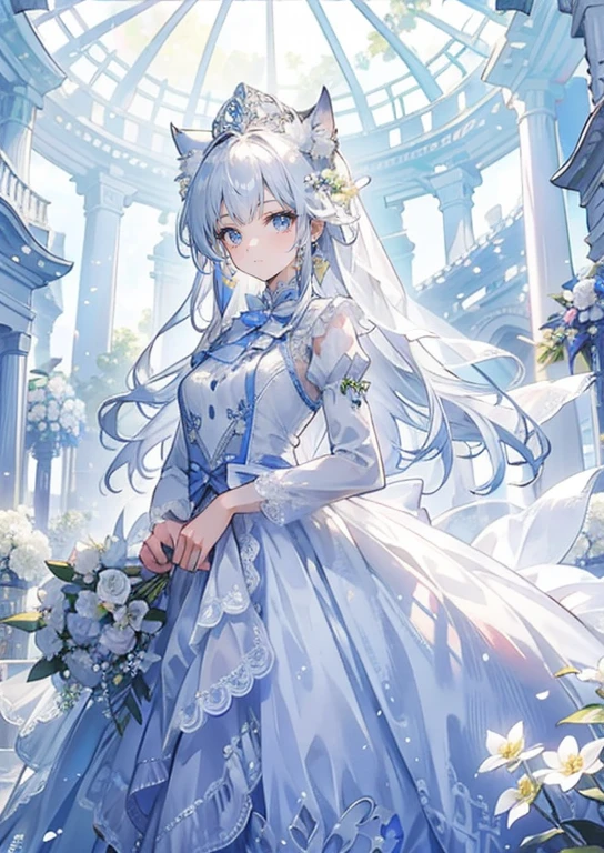 ((Best quality at best)), ((tmasterpiece)) wedding princess dress, llight rays, lens flare glow, White petals, long hair cat, exotic,Wedding flowers,Sense of lens,face to the viewer,The feeling of looking down,(flower wedding dress),Colossal ,White flowers,eyes with brightness,Light blue flowers