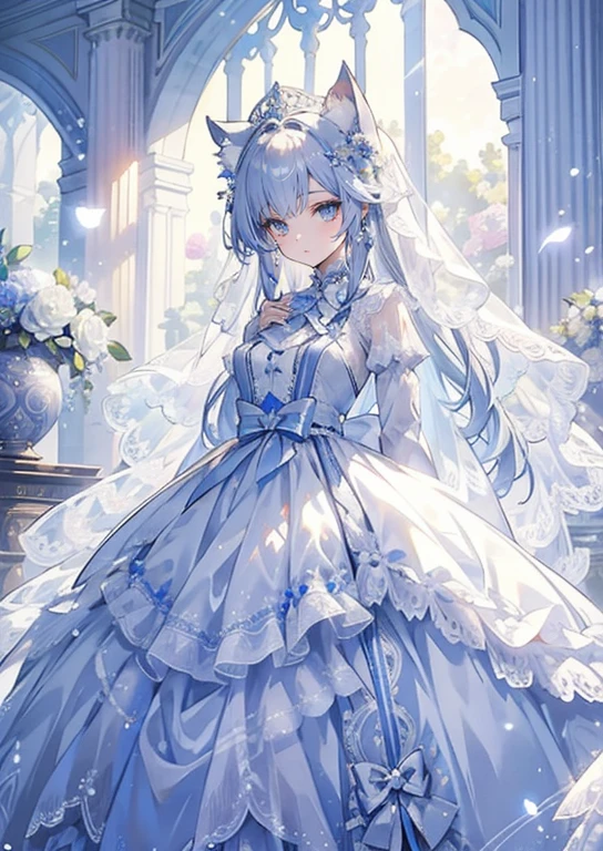 ((Best quality at best)), ((tmasterpiece)) wedding princess dress, llight rays, lens flare glow, White petals, long hair cat, exotic,Wedding flowers,Sense of lens,face to the viewer,The feeling of looking down,(flower wedding dress),Colossal ,White flowers,eyes with brightness,Light blue flowers