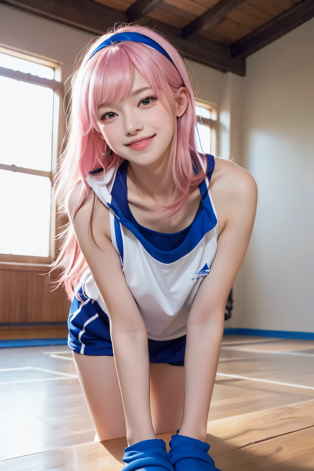 (8K, top-quality, masterpiece:1.2), (reallistic, Photorealistic:1.37), Super Detail, One girl,), (Highly detailed), (beautifully detailed eyes), (of the highest quality), (super detailed ), (masterpiece), (Detailed face),20yr old, ,1 girl, ((pink hair,long hair)), medium breasts, clothed, Perfect Lighting, BREAK, (royal blue, school gym buruma:1.5), white trim, (school gym clothes:1.2), (ankle-length white sports socks:1.2), (royal blue sneakers with white soles:1.2), (simple pink hairband:1.1), BRAKE, (upper body to thighs:1.3), pink hair, (long, wavy:1.2), (friendly, flirty smile:1.2), (mysterious gaze:1.1), (face turned slightly left:1.1), (relaxed, confident pose:1.3), (hands on hips:1.1), (legs shoulder-width apart:1.1), (school gym:1.3), (wooden floor, sports equipment:1.2), (soft, natural lighting:1.4), (radiant, healthy glow:1.5), BRAKE