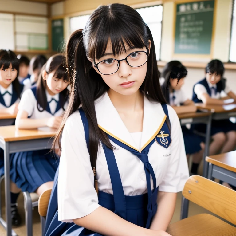 Japanese high school girl trying to remove her glasses、A look of being called out、Location: Classroom、18-year-old、Sailor suit、Break time