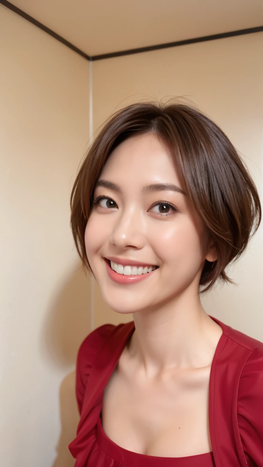 8k, Super Detail, highest quality, Textured skin, Anatomically correct, masterpiece , highest quality, Cinema Lighting, Use perspective throughout , Surrealism , ,(Realistic:1. 3),(RAW Photos) , Black Hair, light smile, short hair, Bobcut, Anaglyph, Stereogram, (Mature Woman:1), (38 years old), ((close:0.5)), Glare, double eyelid, Lip gloss, (smile:1), ((close your eyes:0.85)), Red Mouth, clavicle, ((View your viewers)), (short hair of reddish-brown color wet and shiny,), (The whole body is visible) , Slightly thick body type , Wide-eyed , Perfect round eyes , Fine texture ,(In a clothing store fitting room:1.5)、(Wearing a formal red dress:1.5)、(Ruffled collar dress:1.2)、(smile:1.3)、(Observe the audience:1.2)、(D cup breasts:1.5)
