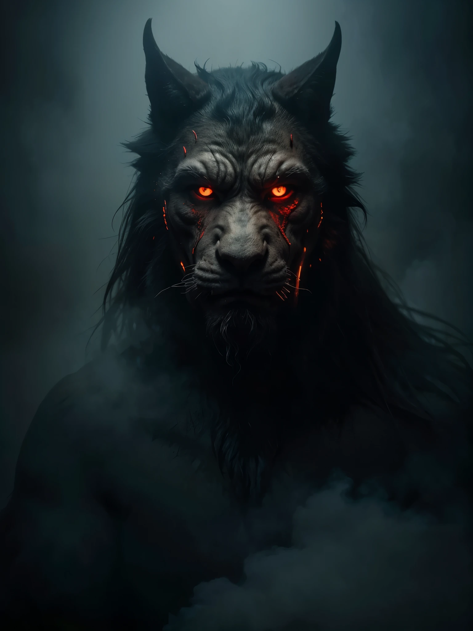 A highly detailed and hyper-realistic depiction of a ghoulish man beast with an intricately scarred face. The character is surrounded by mist, evoking a mysterious and eerie atmosphere. The lighting is dark and atmospheric, with a red smoke adding a touch of sinister ambiance. The image is of the best quality, with a resolution of 4k and HDR enhancement, showcasing the utmost level of detail and realism