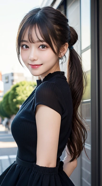 masutepiece, Best Quality, Illustration, Ultra-detailed, finely detail, hight resolution, 8K Wallpaper, Perfect dynamic composition, Beautiful detailed eyes, dress,Ponytail Hair,Small breasts natural color lip, Bold sexy poses,Smile,Harajuku、20 years girl、Cute、Sexy shot looking at camera