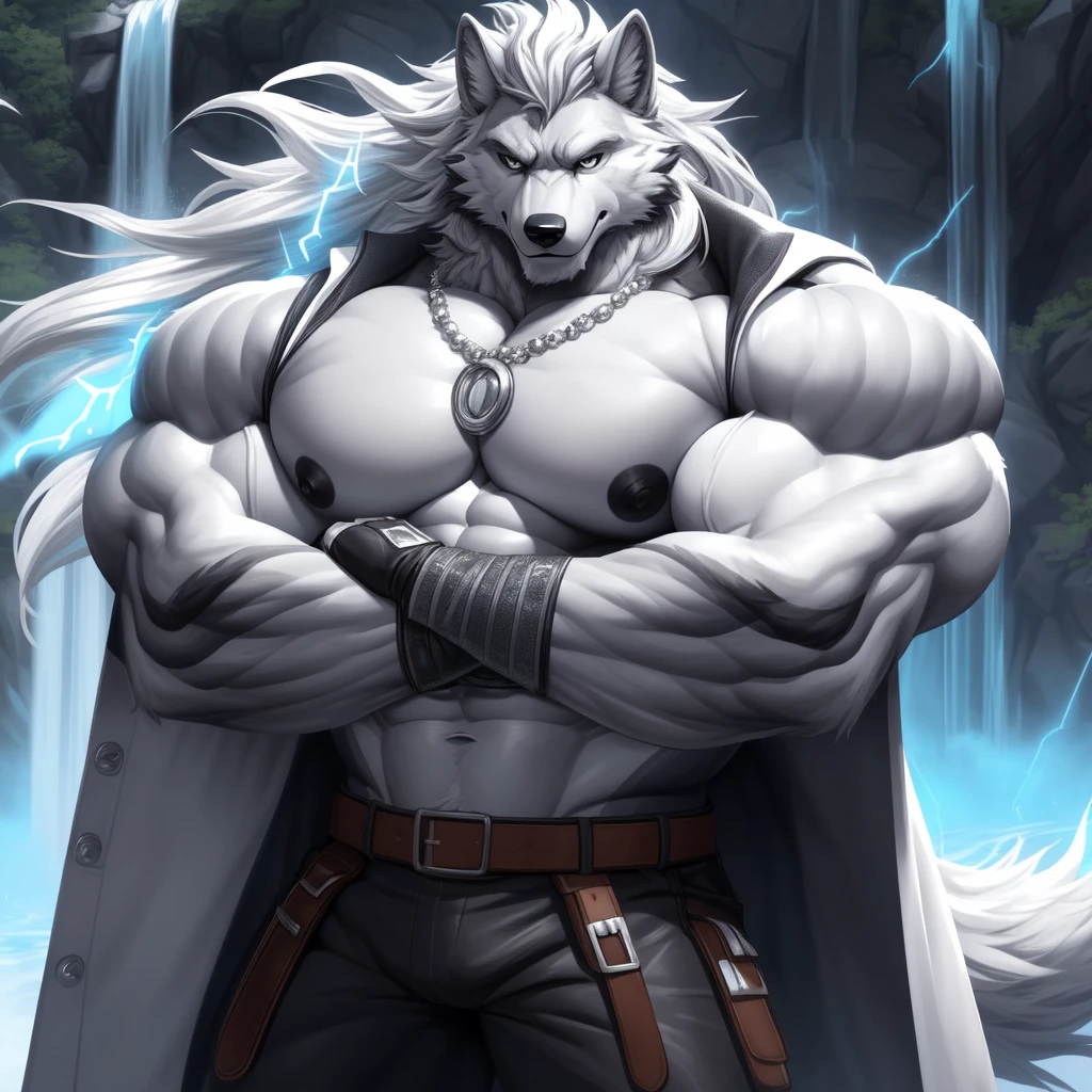 (upload on e621) (Masterpiece) (by Drks) (best quality) (ultra high res) 4K (8k HD) 2D (perfect anatomy) (digital art) (official art) (extreme detailed) (ultra detailed) (strapsanime) color (soft shading) (sharp focus) (waterfall background) 1man silver body fur silver belly detailed fluffy fur (ultra detailed face) high detailed eyes high detailed iris eyes high detailed silver eyes (white sclera) black pupils big navel abs bare pectoral (((huge black shiny nipples))) black claw nails furry wolf male mature male silver giant bulky muscular body fur giant size canid (((huge muscles))) (((hyper muscles))) huge pecs (((oversize pecs))) huge biceps (((giant biceps))) (((fullbody))) canine canis mammal powerful wolf god wolf male calm cool collected demeanor face badass wolf anthro solo standing (((wearing silver full complete sleeveless long trench coat jacket))) (((silver longest flowing length hair))) (((best longest silver hair))) (((silver longest flowing length back fur hair))) (((silver longest flowing length hair fur front lay on pecs))) (((perfect fingers))) (((five fingers))) silver hands and fingers (((wearing silver fingerless gloves))) (((silver arm bands on his biceps))) (((three silver arm bands on his forearms))) (((dark black huge bead necklaces))) (((dark black huge longer bead necklaces around neck to pecs))) (((silver long wolf tail))) (((black long pants with silver lines with belt straps on both legs))) (((silver electricity and silver surge aura flow entire body))) (((blue silver aura around his body))) (((crossed arm pose)))