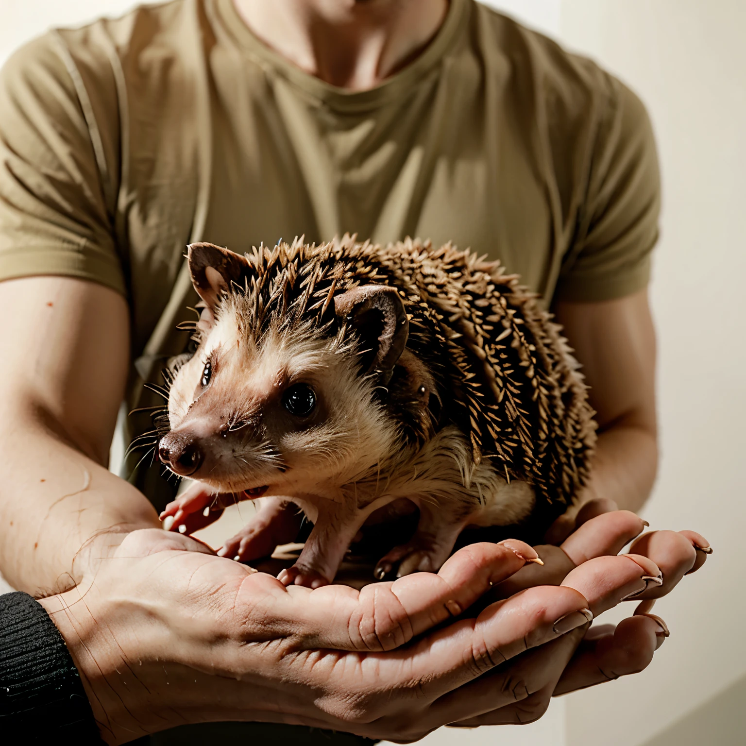 Raised the hedgehog in his hands 