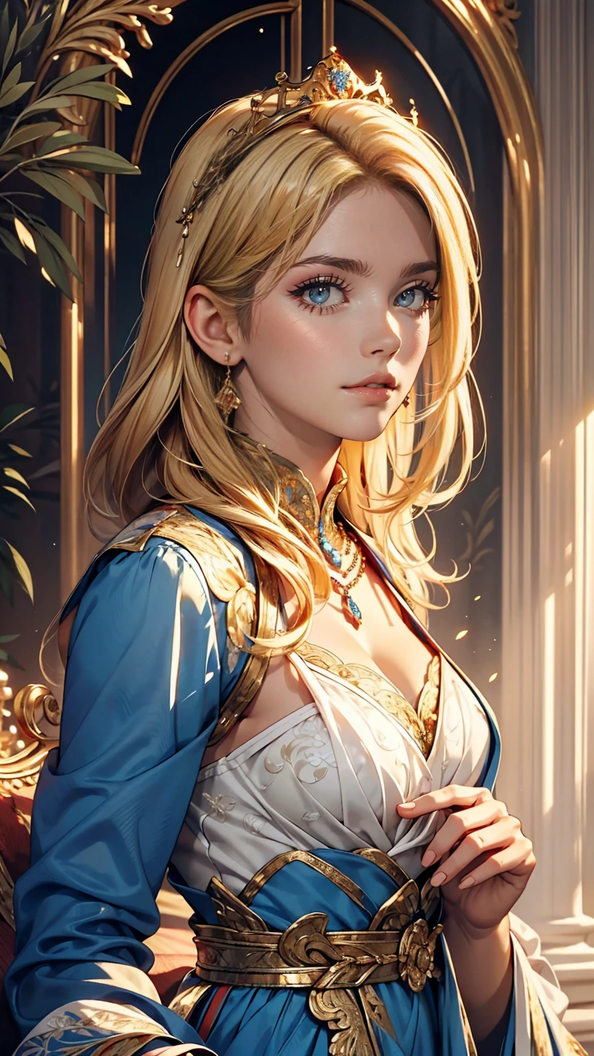 (masterpiece: 1.2, highest quality), Realistic, (Realistic Picture, Intricate details, Depth of written boundary), highest quality, masterpiece, Very detailed, Semi Realistic, 1 girl, Mature Woman, 21 years old, Blonde Short Hair, The left eye is covered with hair, blue eyes, King's Clothes, Red Cape, Slim figure, A crown made of precious gold, Document reading and markup, Goose hair pen, Office Table, Soft bench