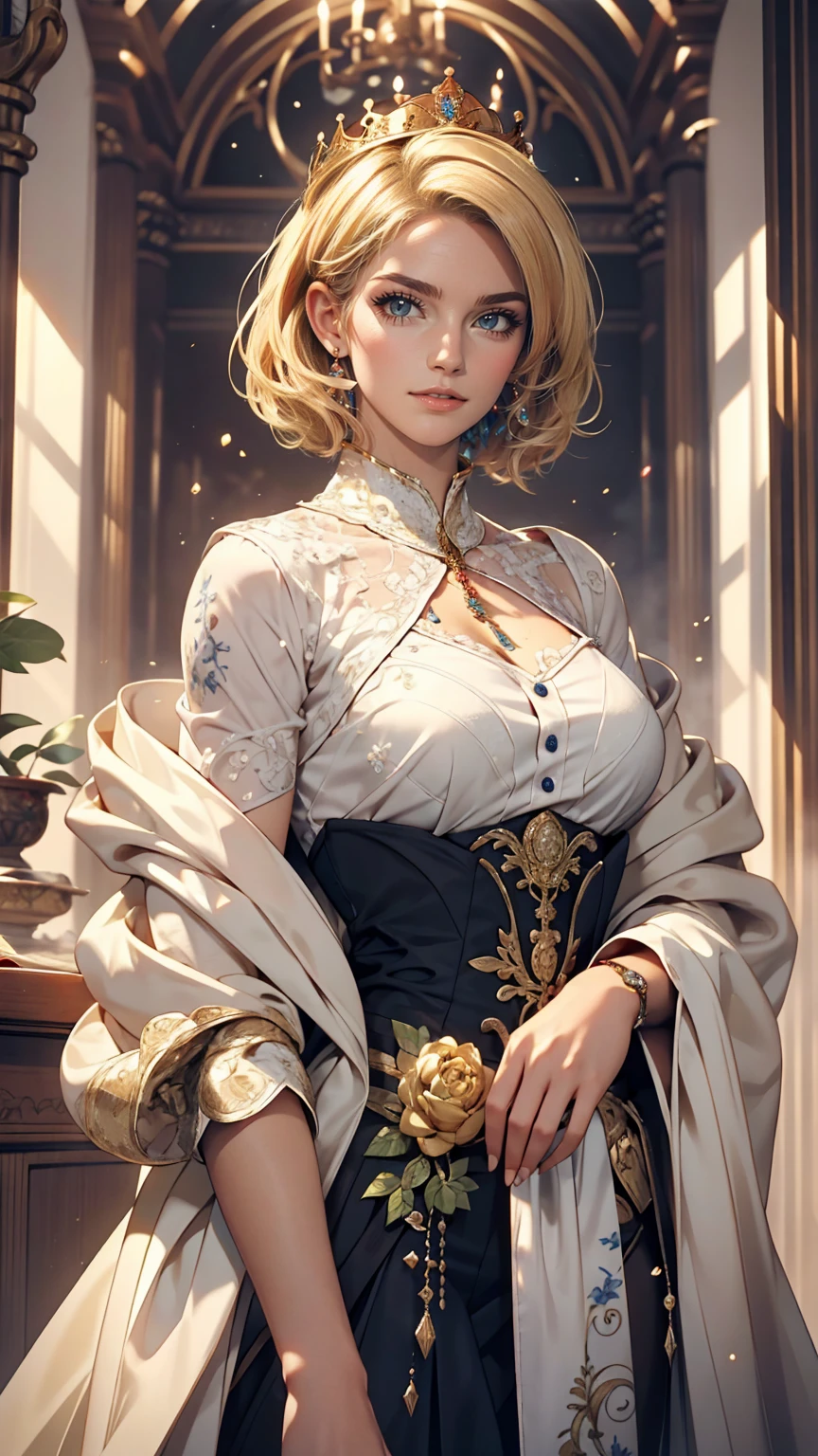 (masterpiece: 1.2, highest quality), Realistic, (Realistic Picture, Intricate details, Depth of written boundary), highest quality, masterpiece, Very detailed, Semi Realistic, 1 girl, Mature Woman, 21 years old, Blonde Short Hair, The left eye is covered with hair, blue eyes, King's Clothes, Red Cape, Slim figure, A crown made of precious gold, Document reading and markup, Goose hair pen, Office Table, Soft bench
