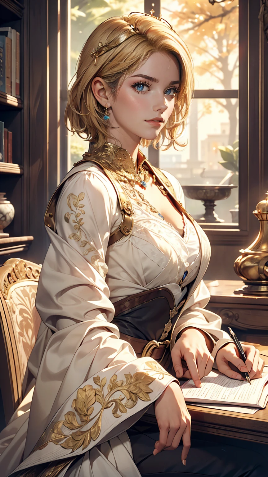 (masterpiece: 1.2, highest quality), Realistic, (Realistic Picture, Intricate details, Depth of written boundary), highest quality, masterpiece, Very detailed, Semi Realistic, 1 girl, Mature Woman, 21 years old, Blonde Short Hair, The left eye is covered with hair, blue eyes, King's Clothes, Red Cape, Slim figure, A crown made of precious gold, Document reading and markup, Goose hair pen, Office Table, Soft bench